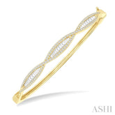 1 ctw Elongated Twist Pattern Baguette and Round Cut Diamond Fashion Bangle in 14K Yellow Gold